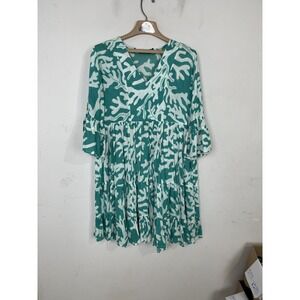 KikiSol Womens S Teal White Coral Print V-Neck Pleated Dress Beach Resort